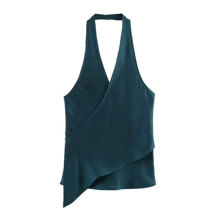 Damer elegant haltertop med asymmetrisk snit og skinnende satin finish Skovae