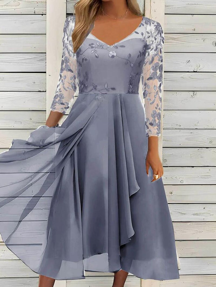 Dame nan V-hals chiffon midikjole med broderet bustier, gennemsigtige trekvartærmer og asymmetrisk lagkjole Skovae