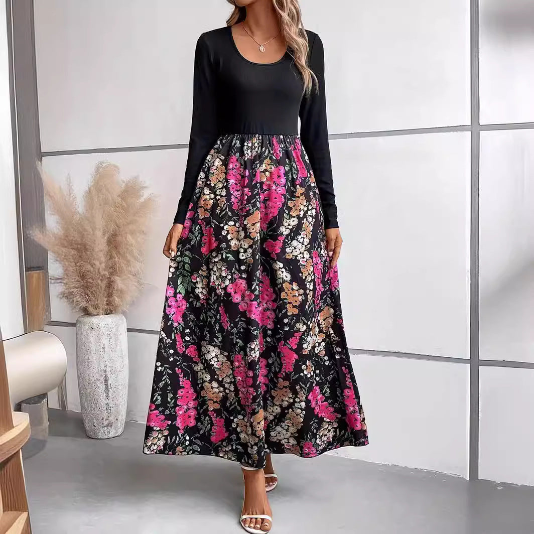 Dame maxikjole med floralt design og lange ærmer Stilla