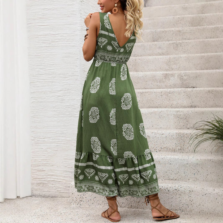 Dame Bohemian etno-print maxikjole med justerbar talje Stilla