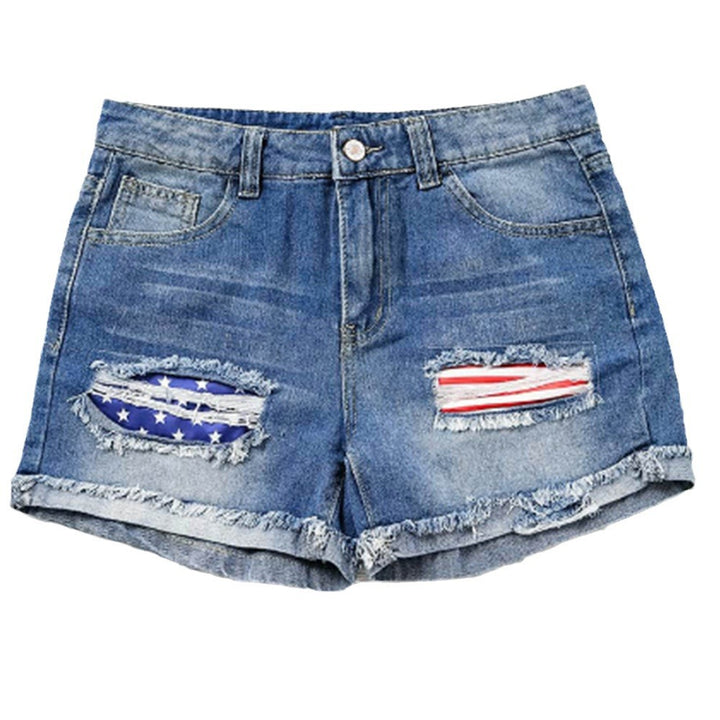 Dame denim-shorts med kreative påsyede lapper og frynset kant Stilla