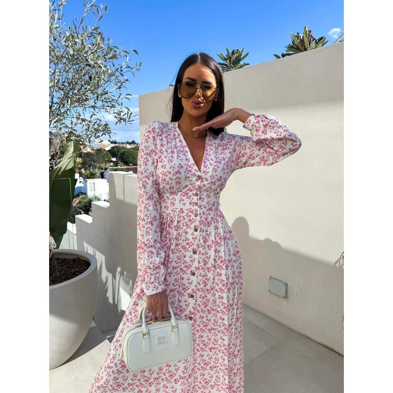 Dame Floral Print Maxi Kjole med justerbart taljebælte Stilla