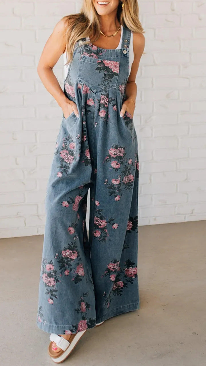 Dame bomulds-overall med blomstret print og brede ben Stilla