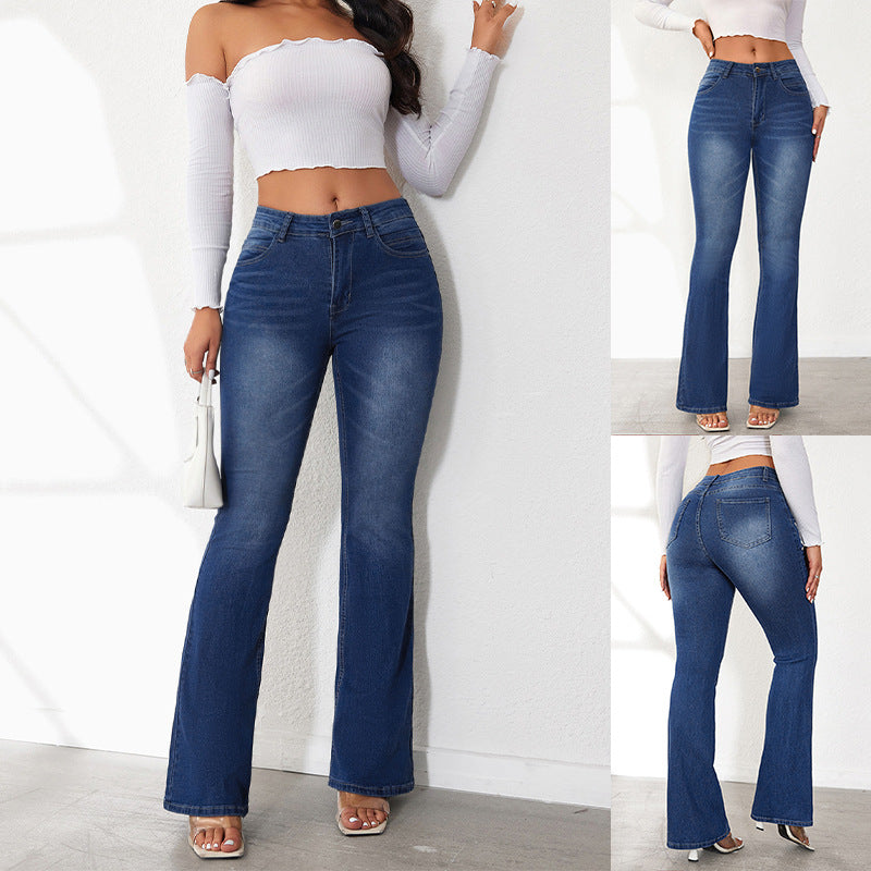 Dame Flared Jeans i vintage-stil med højt liv og elastisk stretch Stilla