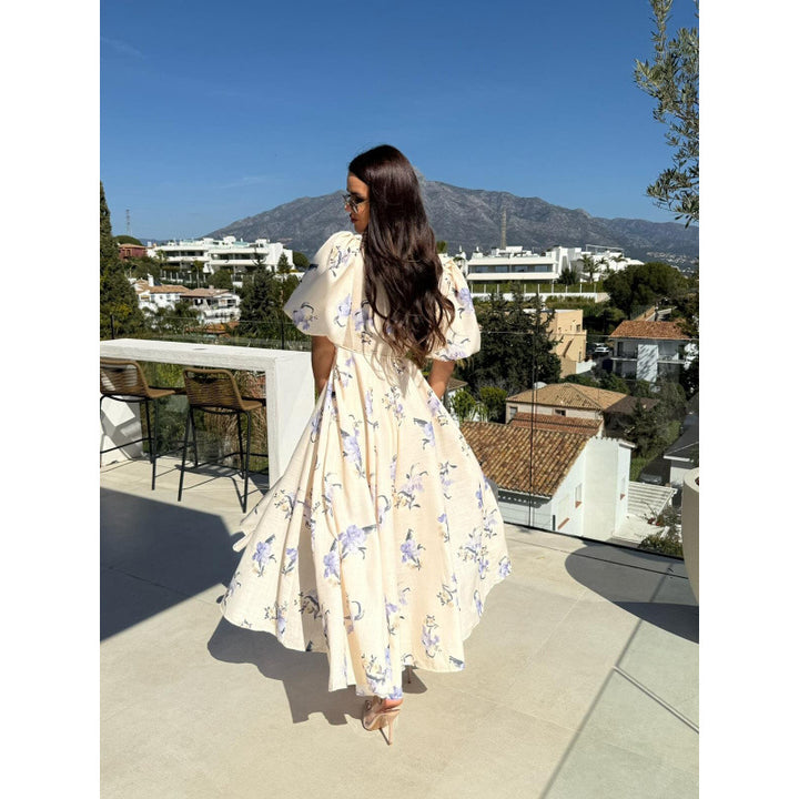 Dame Floral Print Maxi Kjole med Puffærmer Stilla