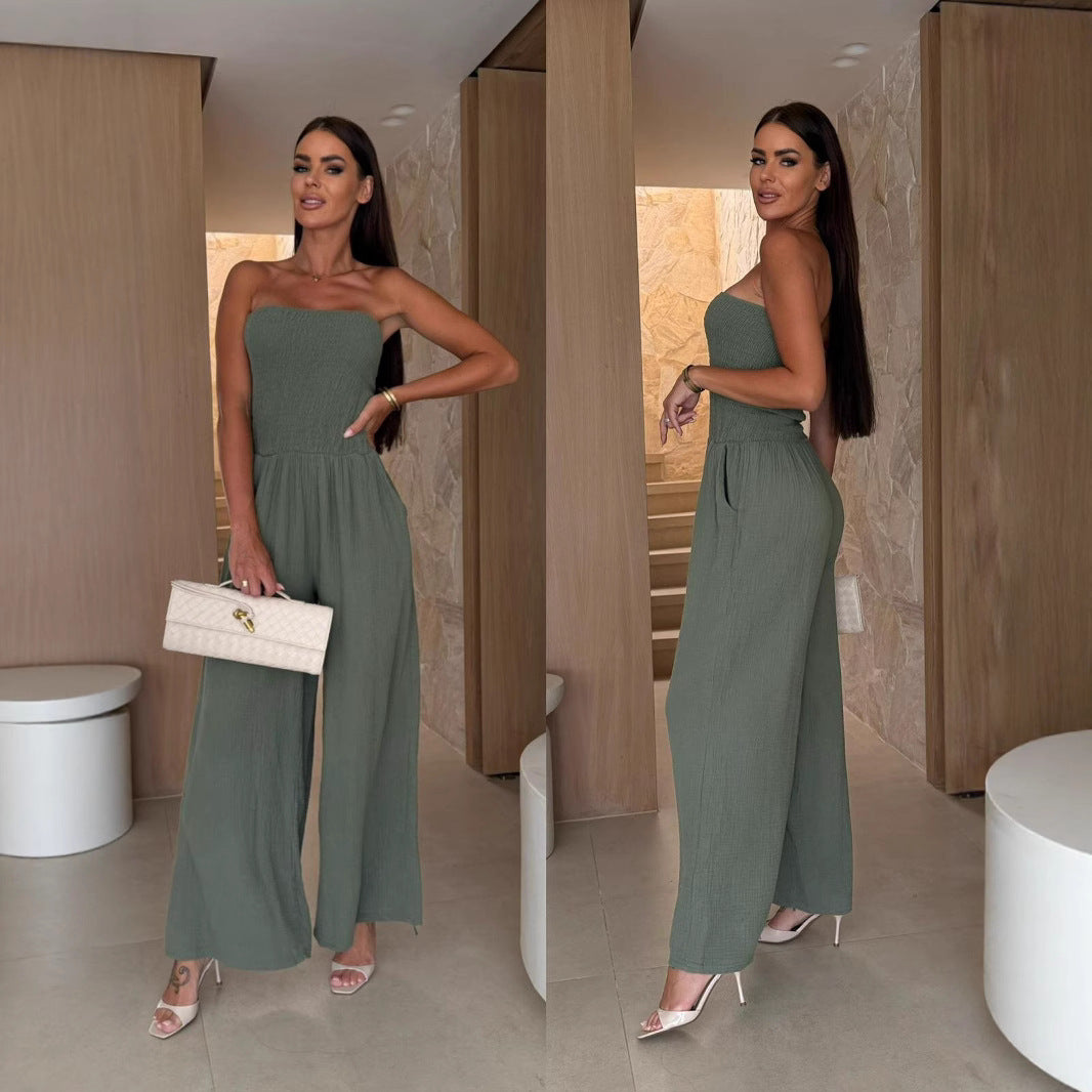 Dame Smocked Bredbenet Jumpsuit Stilla