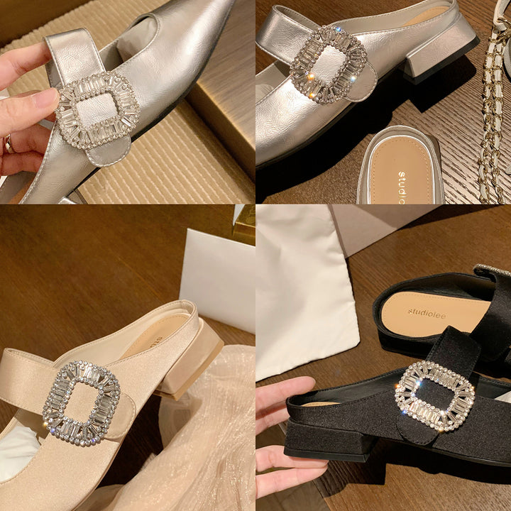 Dame Elegante Quadratåede Slingback Ballerinaer med Rhinestones Spænde Stilla