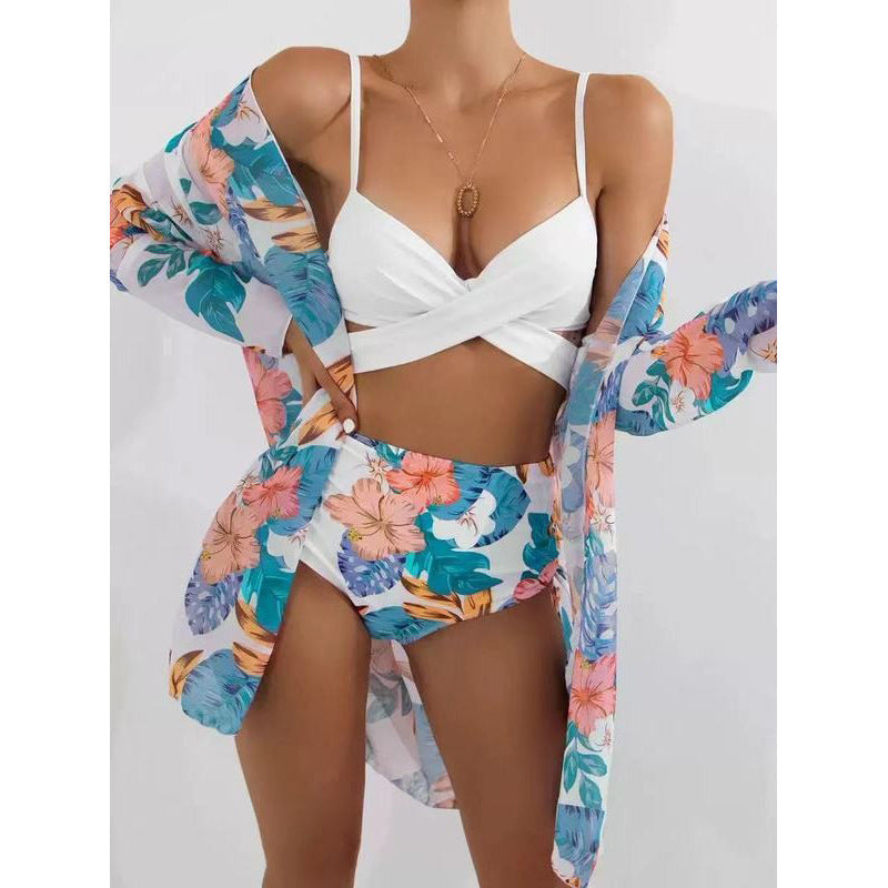 Dame bikini sæt med blomstret kimono og høj taljet bukser Skovae