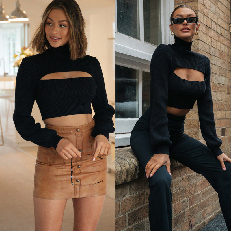 Kvinders elegante cropped sweater med høj krave og udskæring Stilla