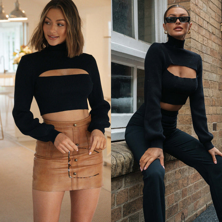 Kvinders elegante cropped sweater med høj krave og udskæring Stilla