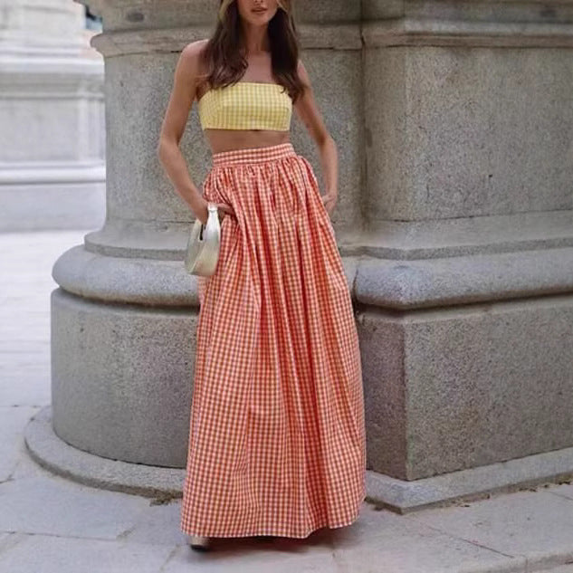 Femme Gingham Cropped Top og Maxi Nederdel Sæt Stilla
