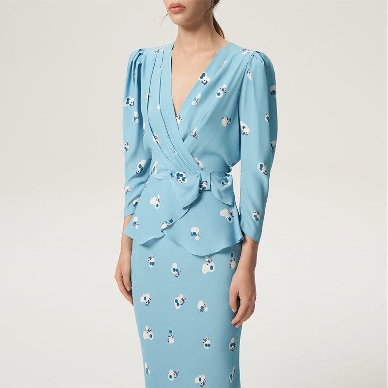 Dame Elegant Vavkjole med Blomsterprint og Rynkedetaljer Stilla
