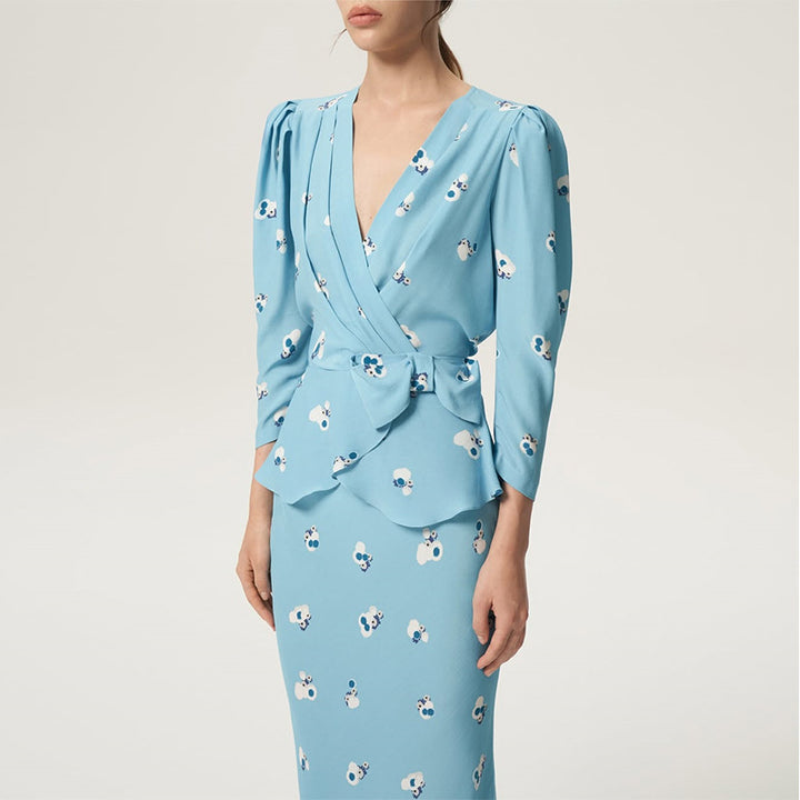 Dame Elegant Vavkjole med Blomsterprint og Rynkedetaljer Stilla