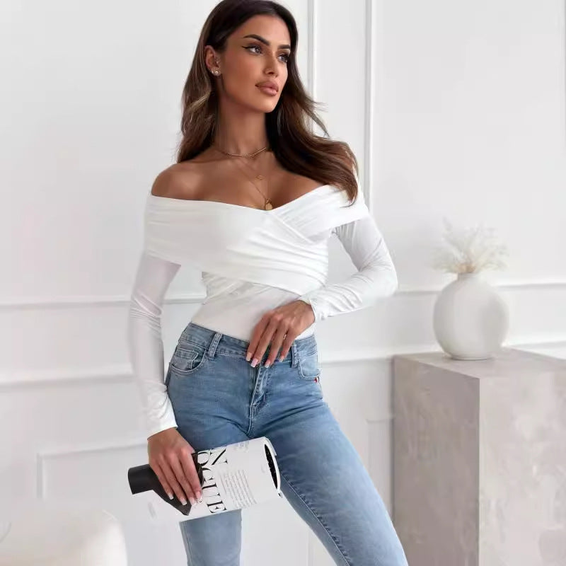 Dame Off-Shoulder Rynket Langærmet Top Stilla