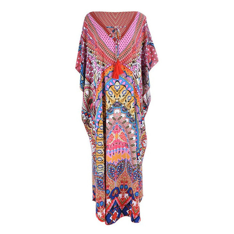 Dame Strandkaftan med farverigt mandala-design og vid snit Stilla
