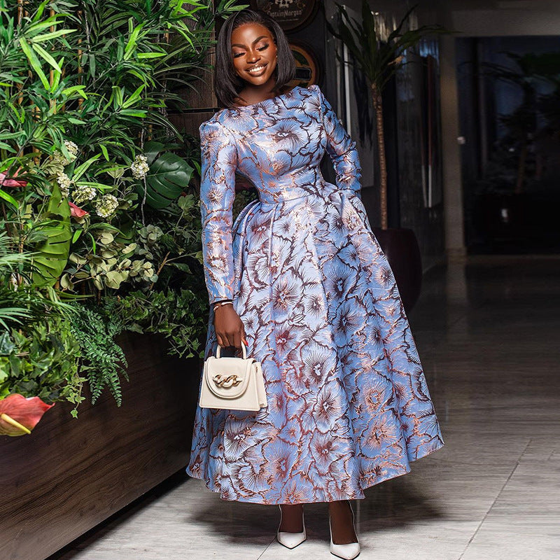 Femme Elegante Langærmet Blomster mønster Midi Kjole Stilla