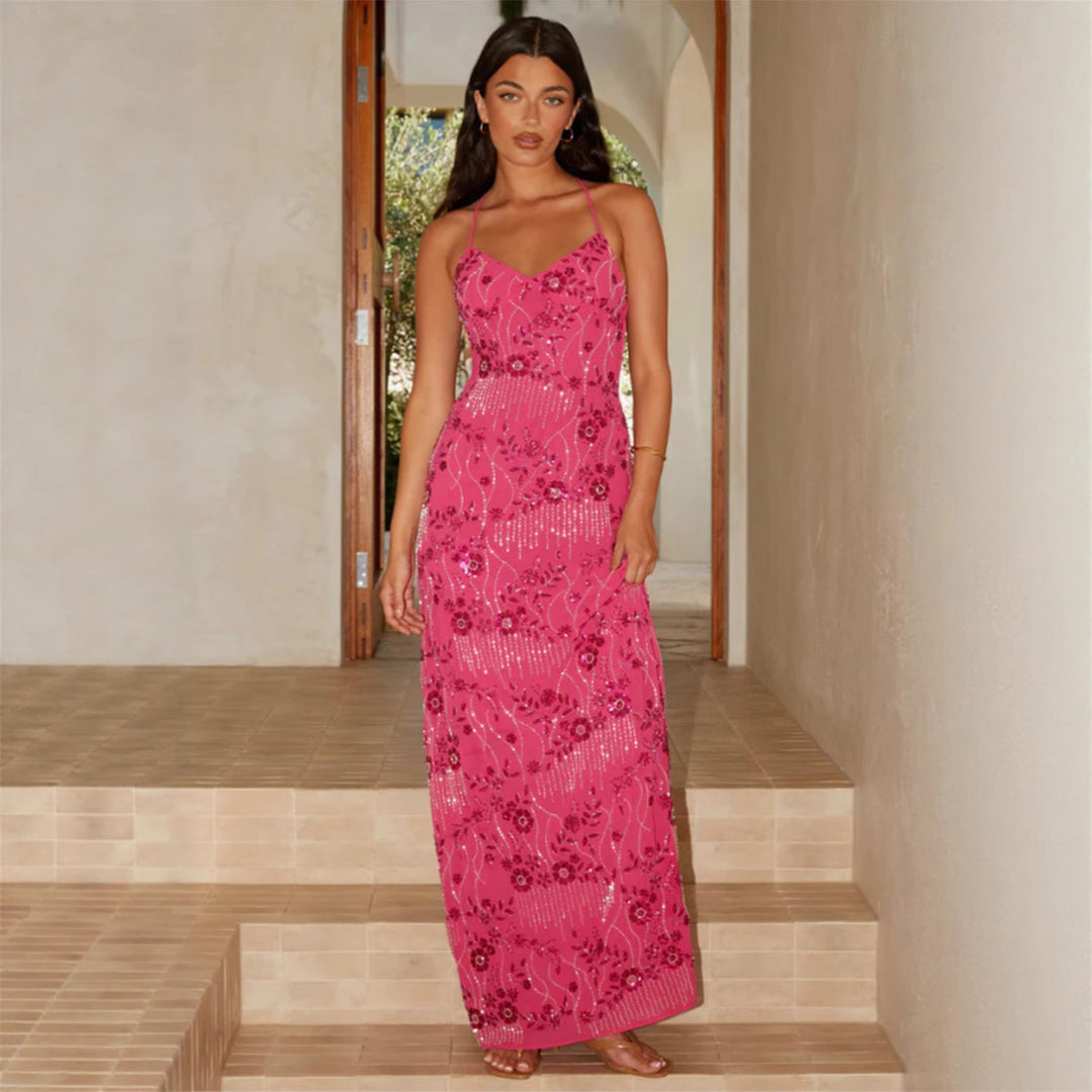 Ladies Elegant Maxi Dress with Alluring V-Neck and Sparkling Applications