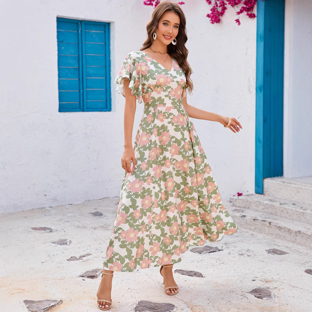 Dame Flydende Floral Maxi Kjole med Flæseærmer Stilla