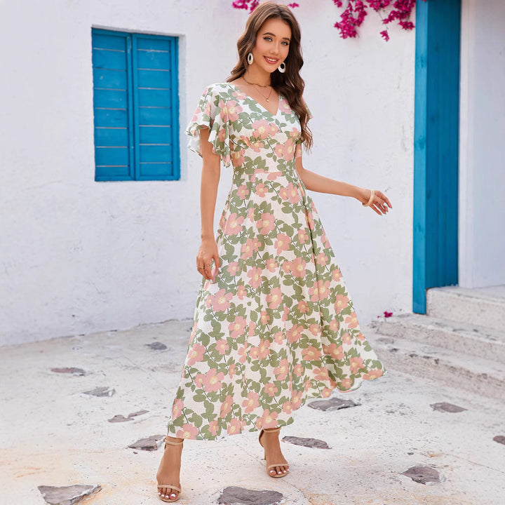 Dame Flydende Floral Maxi Kjole med Flæseærmer Stilla