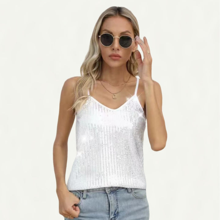 Dame glitrende spaghetti-stropbluse med glitrende tekstur og moderne snit Stilla