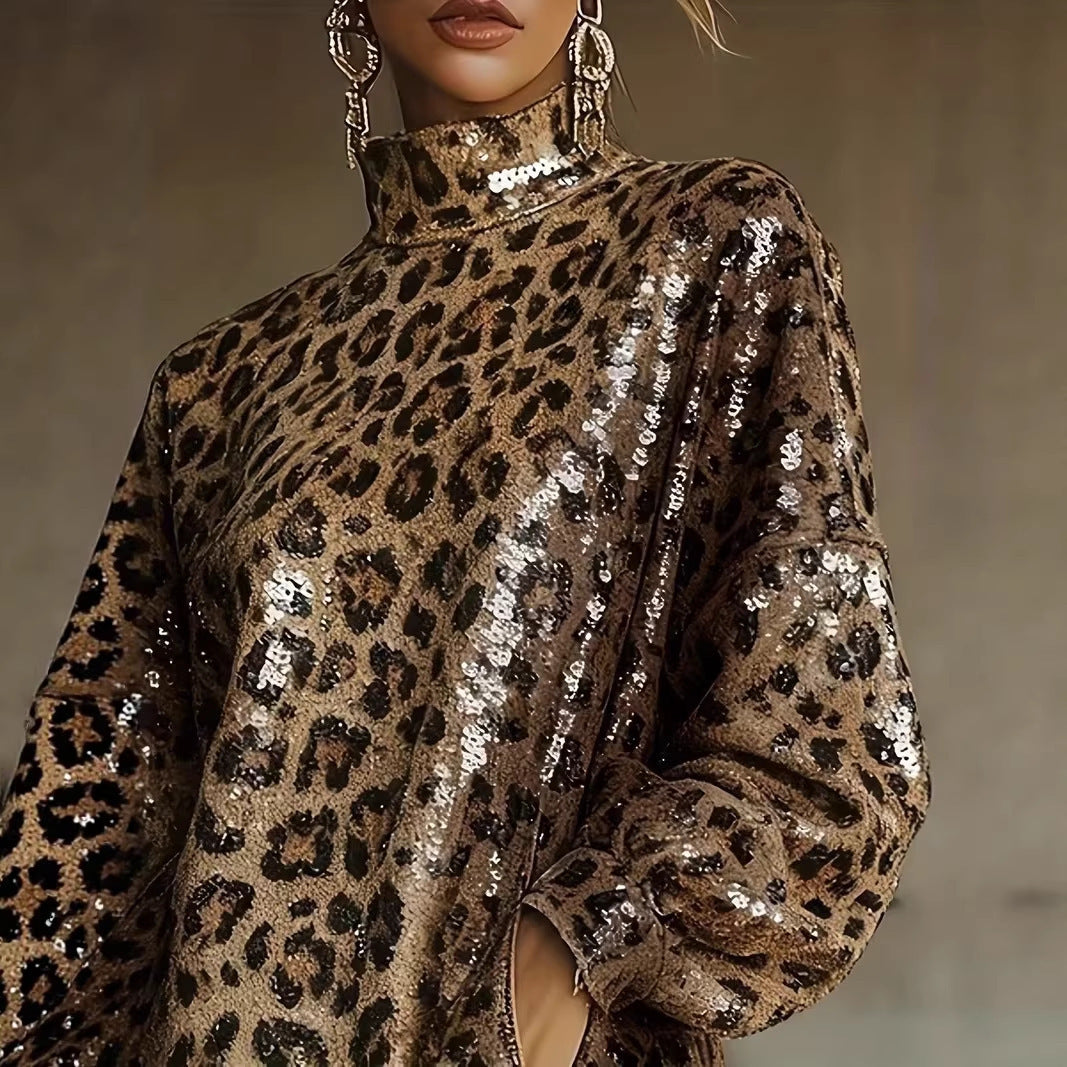 Kvinders glitrende kort kjole med leopardprint og frynser Skovae