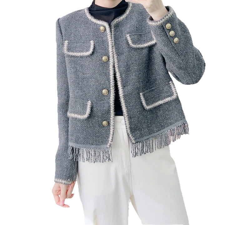 Damer Elegant Jacquard-Jakke med Frynser og Lommer Stilla