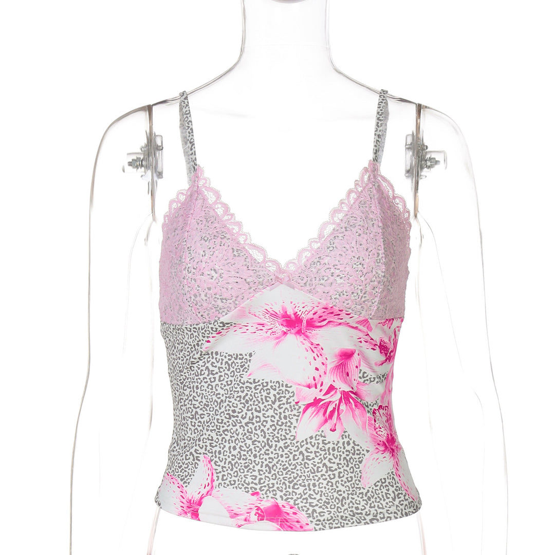 Dame spaghetti straps top med blomster mønster og lace Skovae