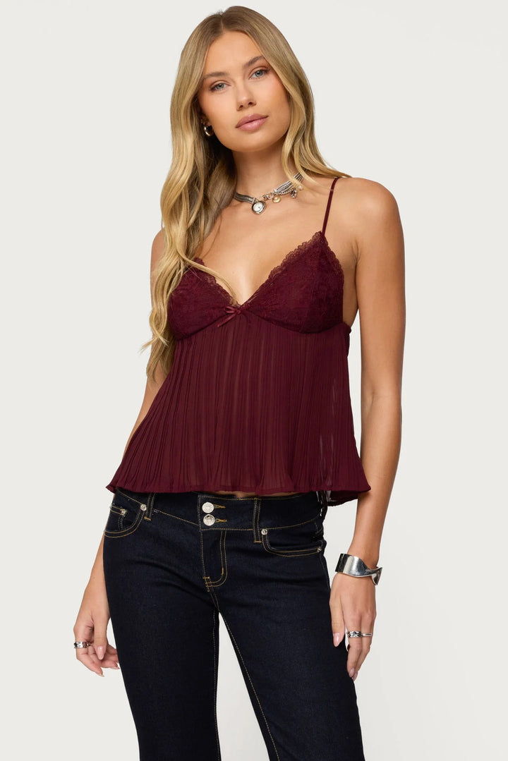 Damer Chiffon Top med spidspunkter og plisseret design Skovae
