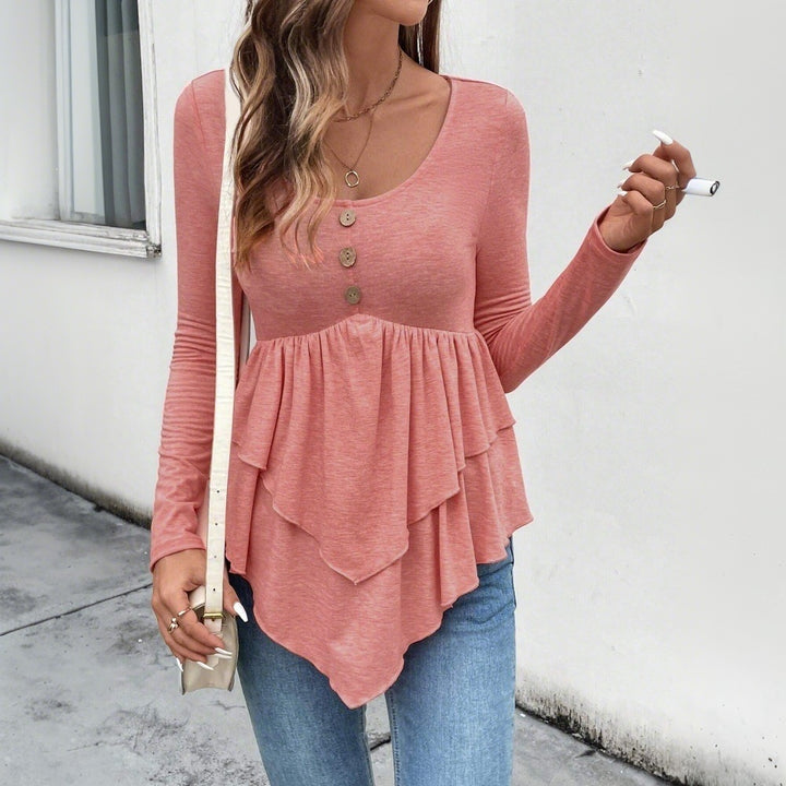 Kvindernes langærmede bluse skjorte med flæsedetaljer og knapstolpe Stilla