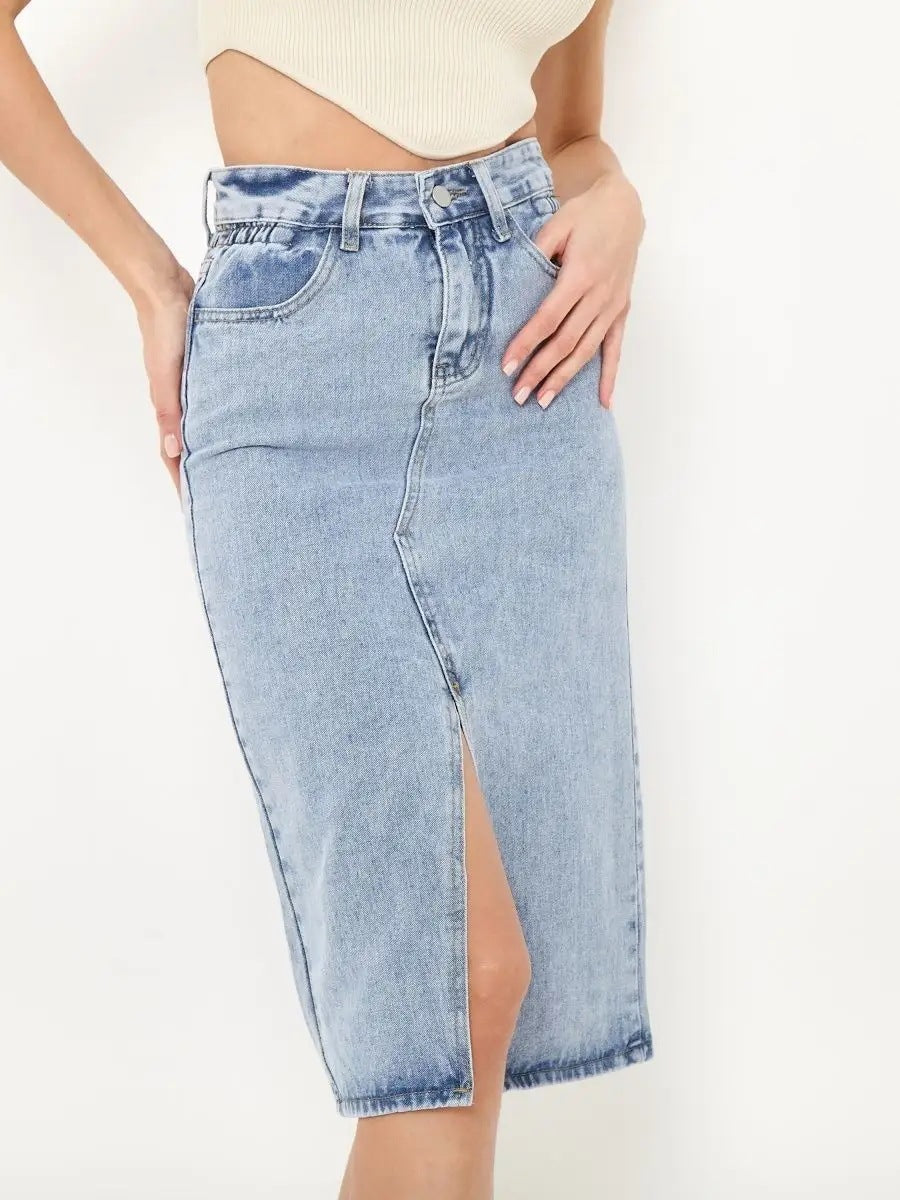Dame denim midi nederdel med høj slids og alsidigt design Stilla
