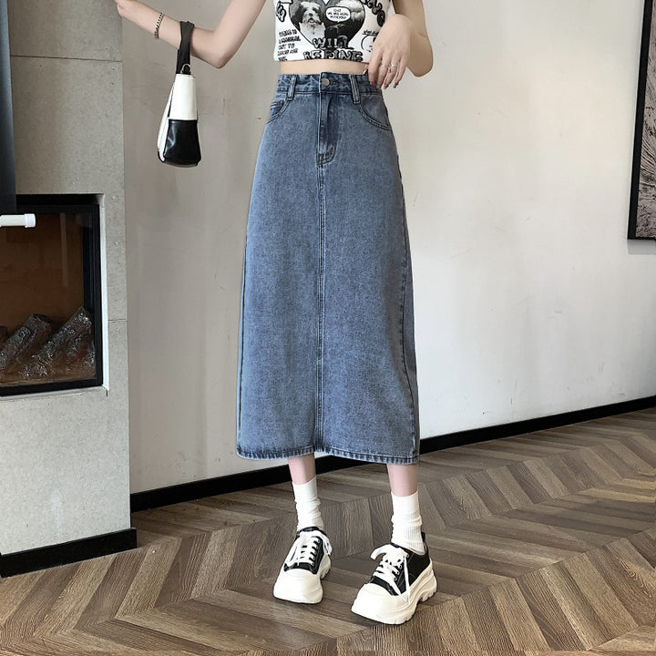 Dame midi denim nederdel med frontslids Stilla
