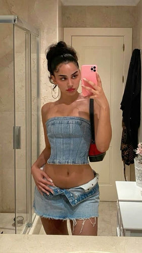 Femme Distressed Denim Korset-Top Stilla