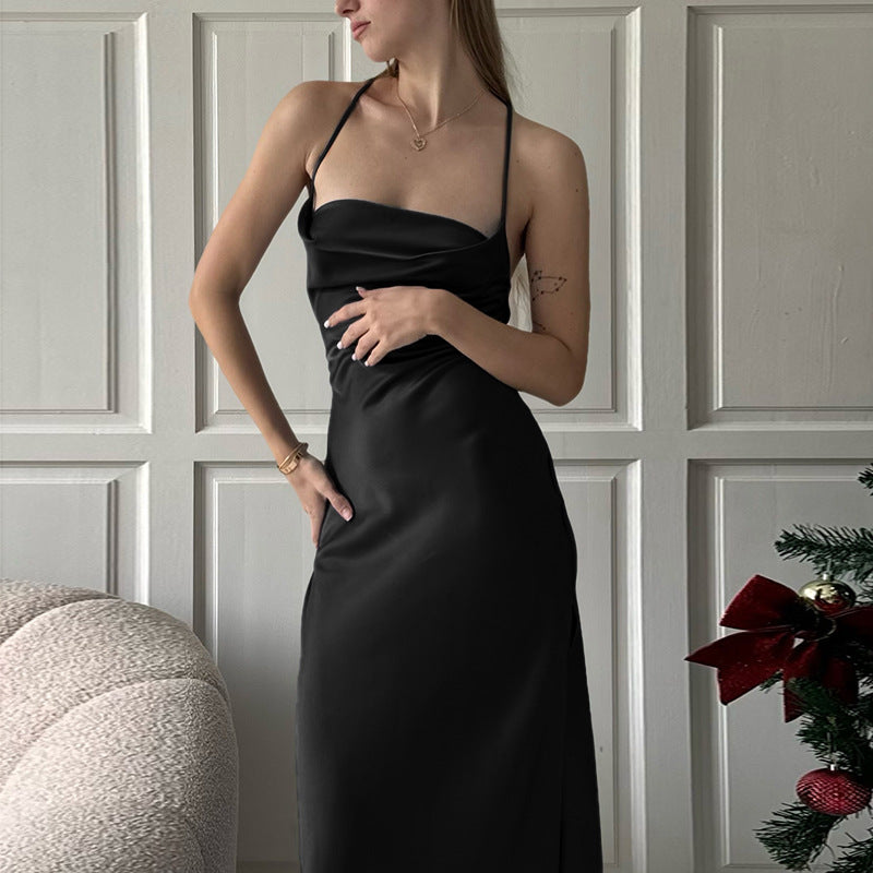 Elegant satin midikjole med Carmen-udskæring til damer Stilla