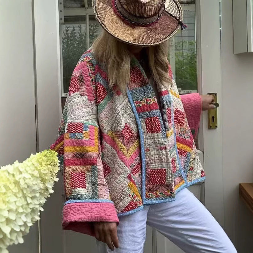 Dame overgangsjakke med farverigt patchwork-design og blødt for Stilla