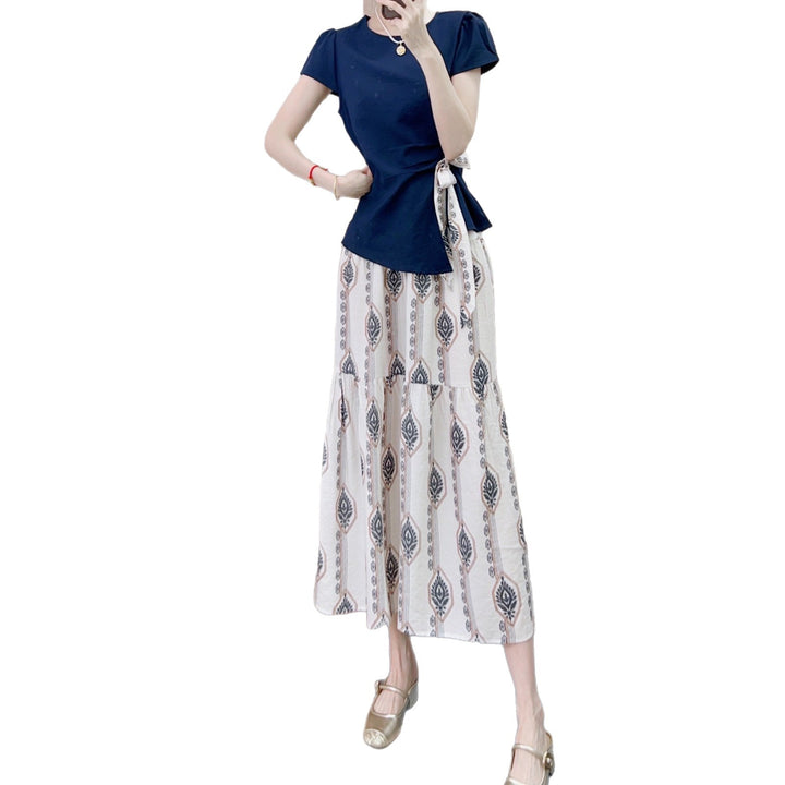 Dame trendy kortærmet bluse med bånd Stilla
