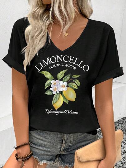 Dame T-shirt med blomstret tryk og V-udskæring Stilla