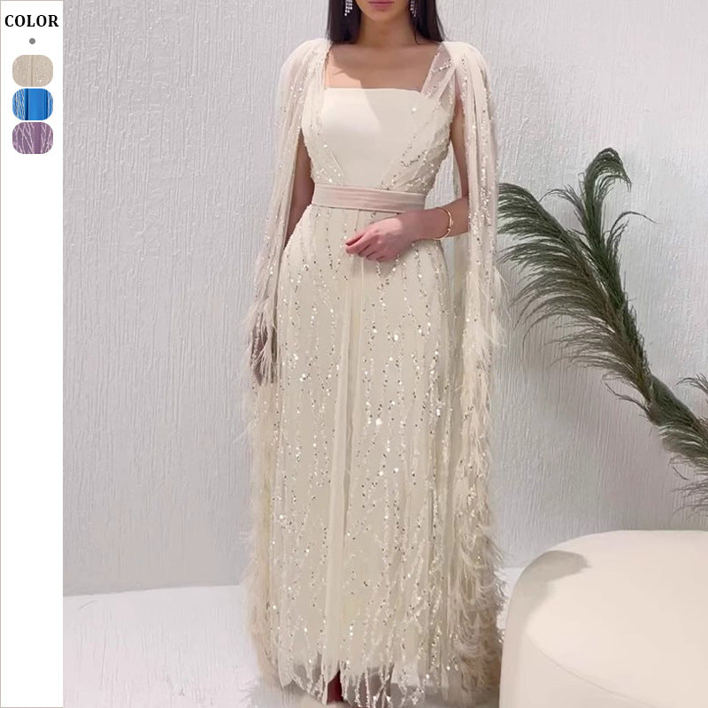 Dame Elegante Maxikjole med skinnende frynser og gennemsigtig overdel Stilla
