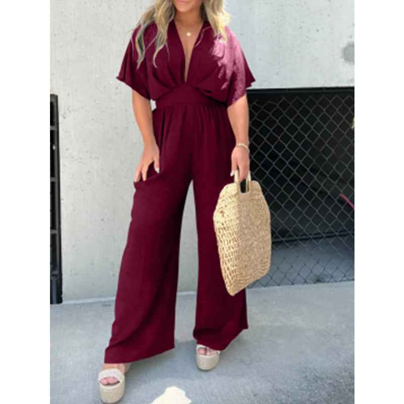 Dame elegant jumpsuit med bred ben og dyb V-udskæring Stilla