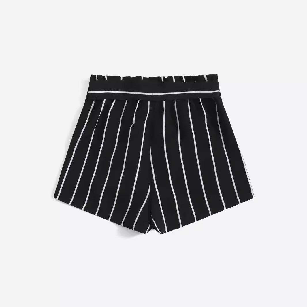 Dame stribede fritidsshorts med elastisk talje og bindebælte Skovae