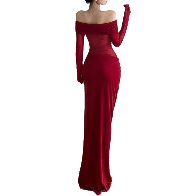Dame Off-Shoulder Maxikjole med figursyet design og rynkning Skovae