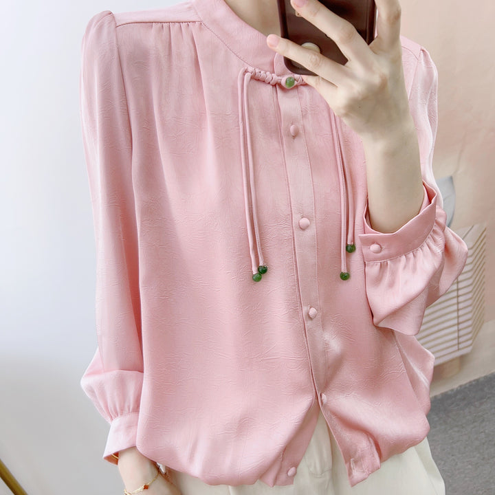 Dame Elegant Langærmet Bluse med Flæsedetaljer og Dekorative Knapper Stilla