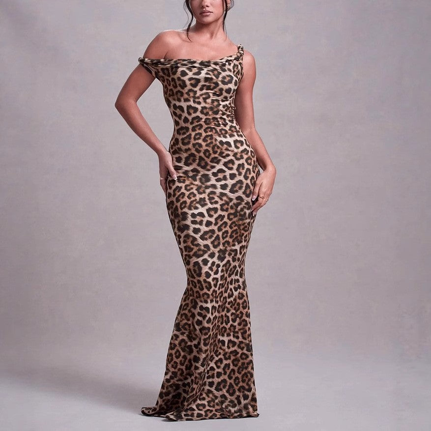 Dame Off-Shoulder Leopardmønster Maxi Kjole Stilla