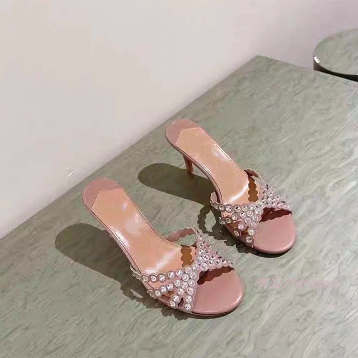 Femme Elegant Strass Åben Tå Hæle Mules Stilla