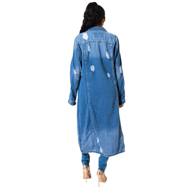 Dame lang Denim-frakke med modige Destroyed-detaljer Stilla