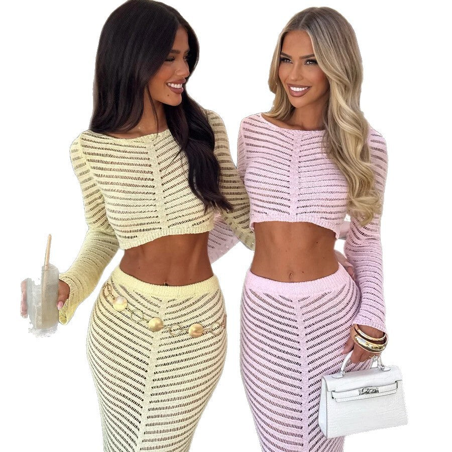Dame elegant hæklede sæt med langærmet crop-top og figursiddende nederdel Skovae