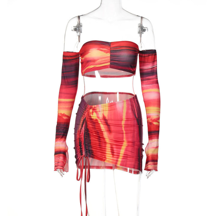 Dame sæt med skulderfri crop-top og stilret mini-nederdel Stilla