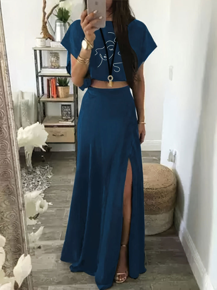 Dame moderne Crop-top og Maxi-nederdel sæt med høj split og diskret kontur-print Stilla