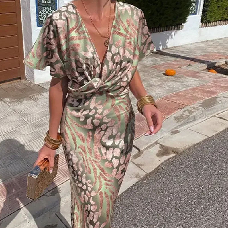 Dame elegant wrap kjole med smart knudedetalje og dyb V-udskæring Stilla