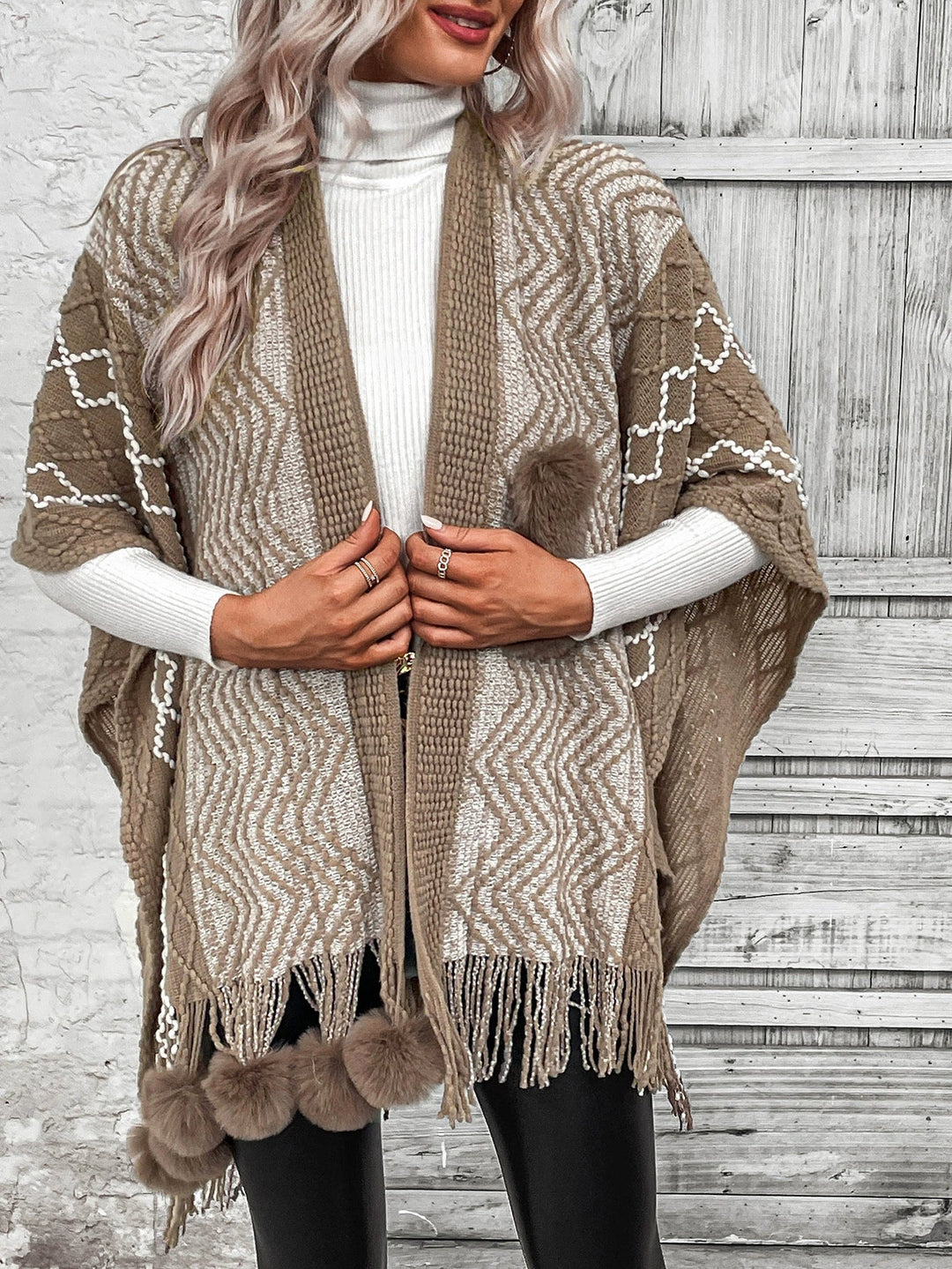 Stilla | Cape Tørklæde Cardigan Uld Strik Over størrelse Fringed kant V-hals Boho Stil
