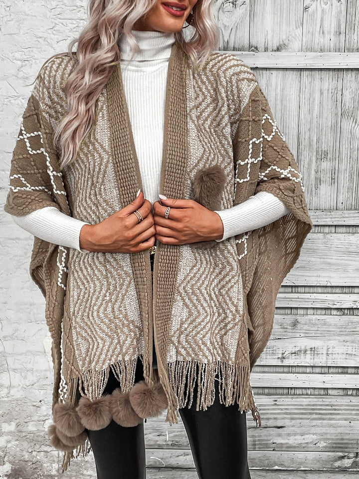 Stilla | Cape Tørklæde Cardigan Uld Strik Over størrelse Fringed kant V-hals Boho Stil